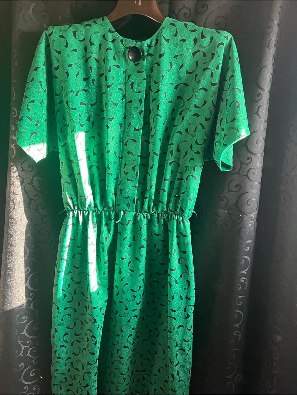 Vintage True 80s Green Patterned Short-Sleeve Dress M